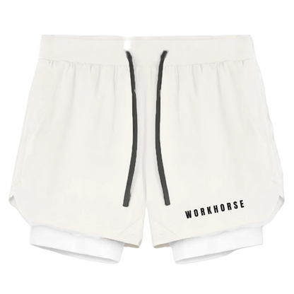 White shorts with black drawstrings and 'Workhorse' branding on a white background