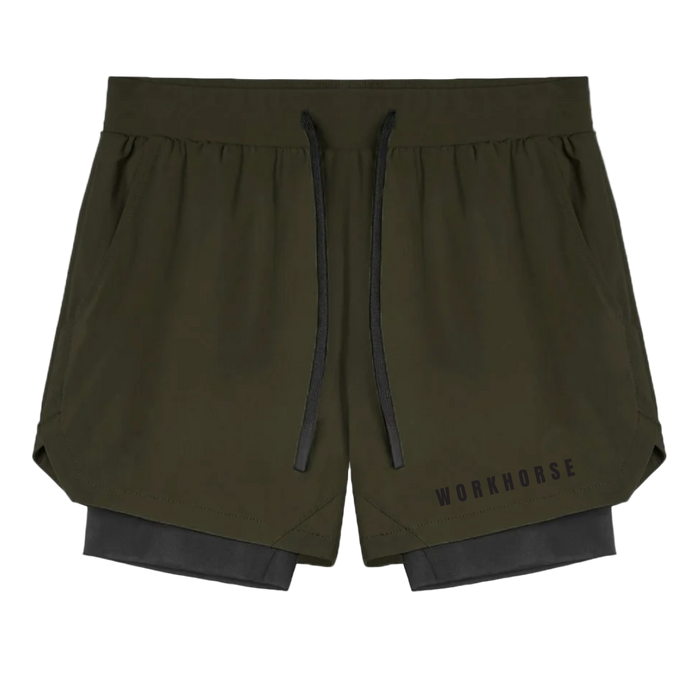 Green shorts with a black drawstring and 'WORKHOUSE' branding on a white background
