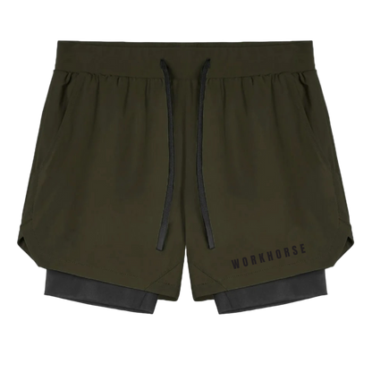 Green shorts with a black drawstring and 'WORKHOUSE' branding on a white background