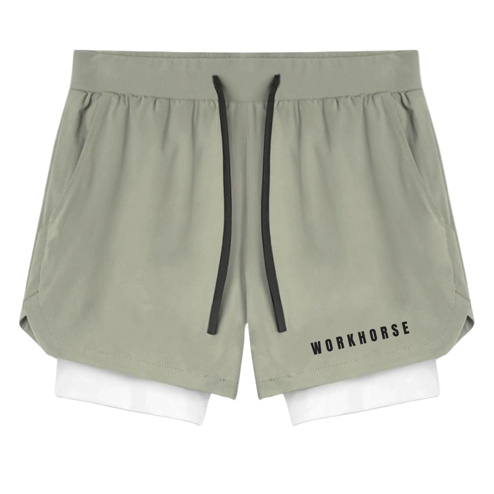 Dark beige athletic shorts with white lining and 'Workhorse' branding on a white background