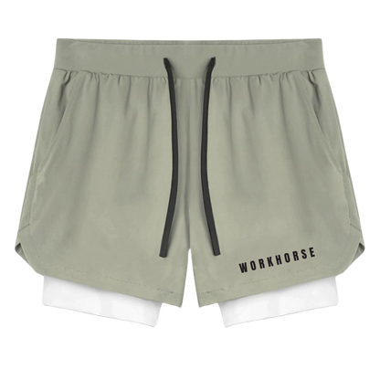 Dark beige athletic shorts with white lining and 'Workhorse' branding on a white background
