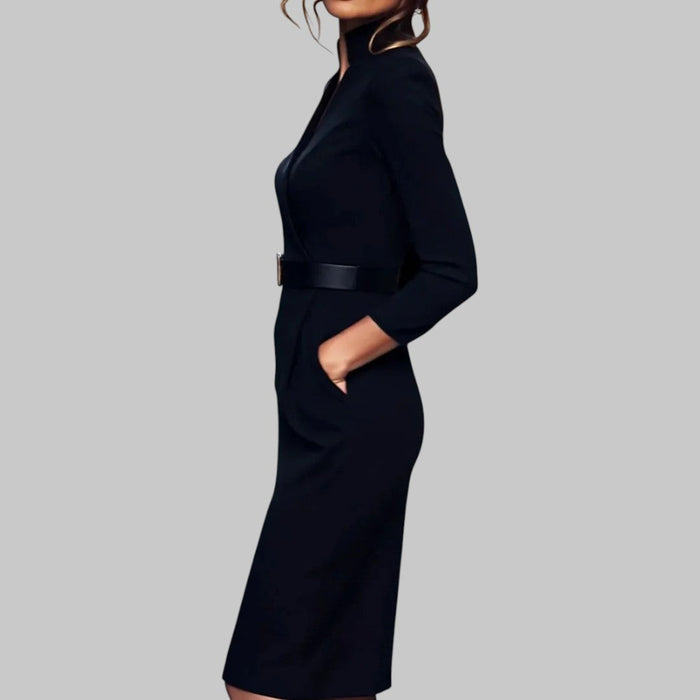 Women's Belted Sheath Midi Dress with Refined Collar 1