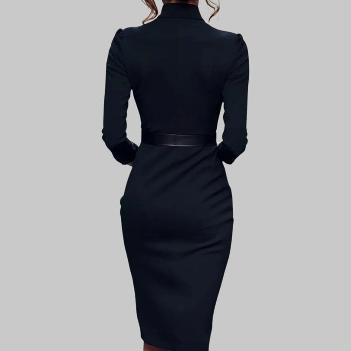 Women's Belted Sheath Midi Dress with Refined Collar 2