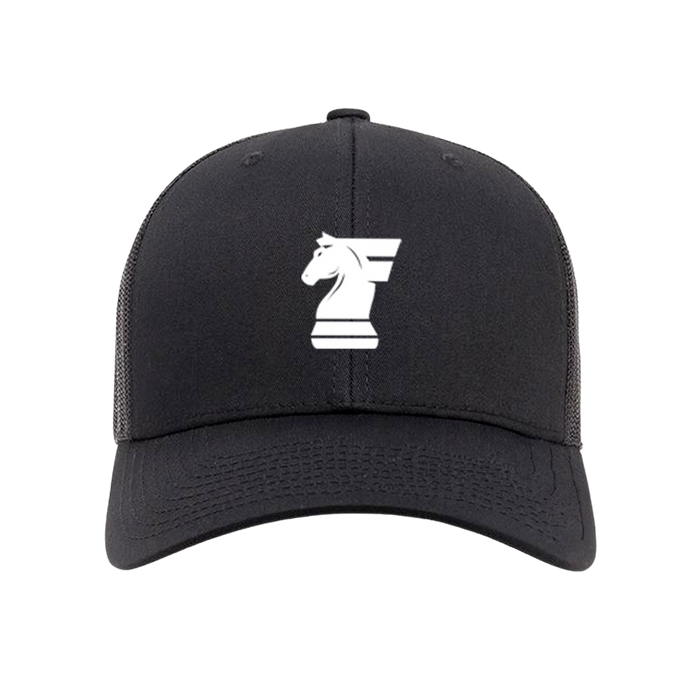 Black cap with a white chess knight logo on a white background