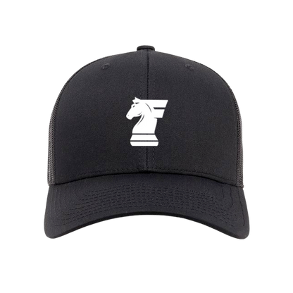 Black cap with a white chess knight logo on a white background