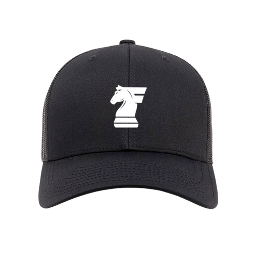 Black cap with a white chess knight logo on a white background