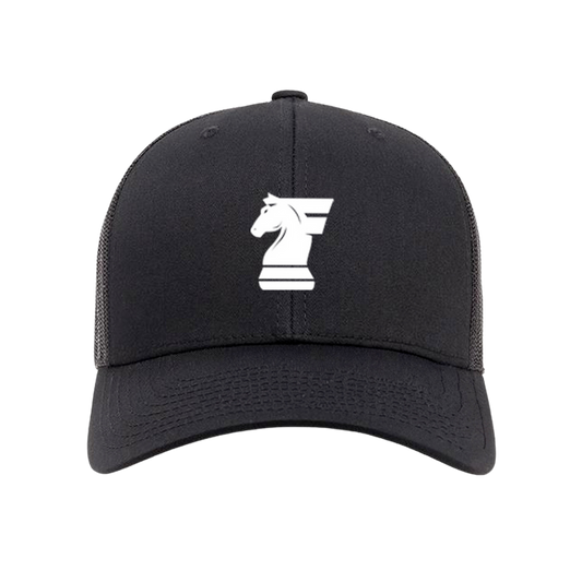 Black cap with a white chess knight logo on a white background