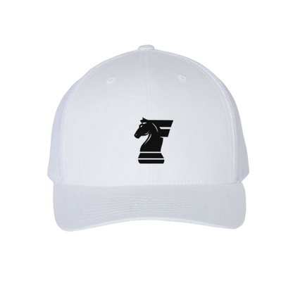 White cap with a black chess knight piece logo on a white background