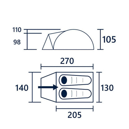 A technical drawing displays a tent with two views: a side profile and a top-down view. Dimensions are labeled in millimeters, showing height and length measurements.