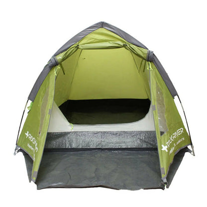 A green camping tent stands upright with an open entrance revealing a spacious interior and a flat floor, set against a neutral background, ready for use in outdoor activities.