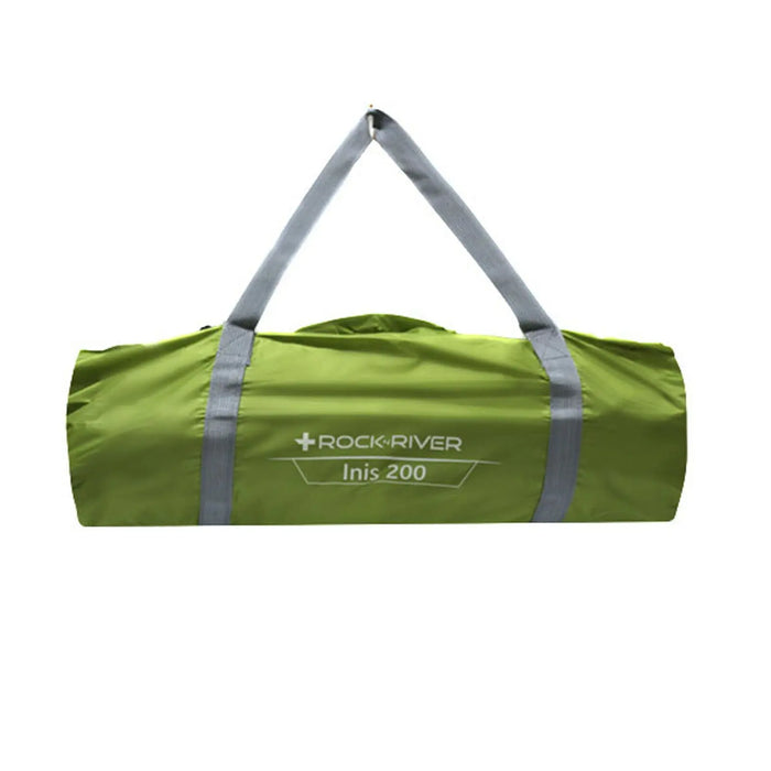 A green cylindrical bag with gray straps labeled ROCK RIVER Inis 200 is displayed prominently on a white background suggesting it is designed for camping or outdoor use.