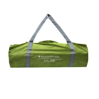 A green cylindrical bag with gray straps labeled ROCK RIVER Inis 200 is displayed prominently on a white background suggesting it is designed for camping or outdoor use.