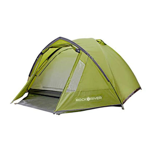 A green camping tent stands upright with an open entrance revealing a spacious interior ready for use in an outdoor environment, labeled with the brand name Rock N River.