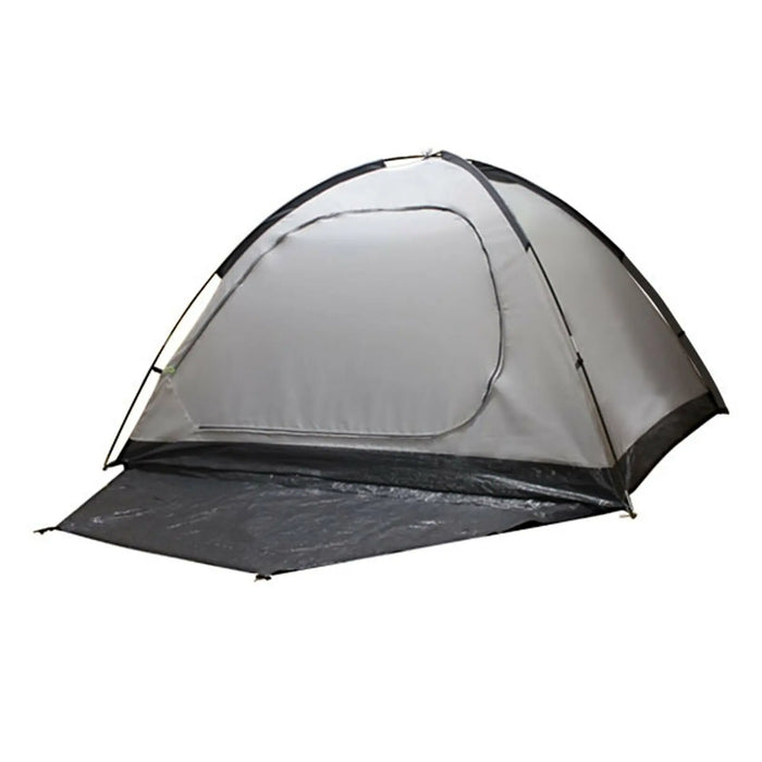 A gray and black tent stands upright with its entrance flap open revealing the interior space showcasing its structure in an outdoor setting suitable for camping.