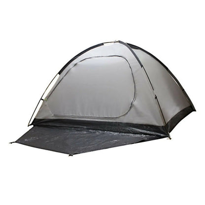A gray and black tent stands upright with its entrance flap open revealing the interior space showcasing its structure in an outdoor setting suitable for camping.
