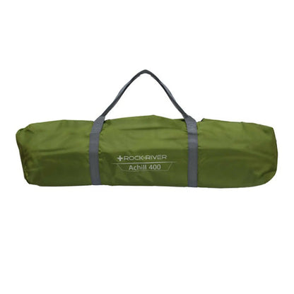 A green cylindrical carrying bag with gray straps is displayed horizontally. It is designed for outdoor use, likely holding a camping item, and is labeled Achill 400.