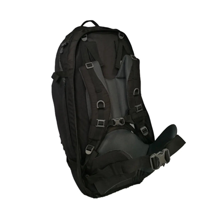A black backpack with padded straps displays adjustable buckles designed for comfort and support resting against a white background indicating a functional design suitable for various outdoor activities.