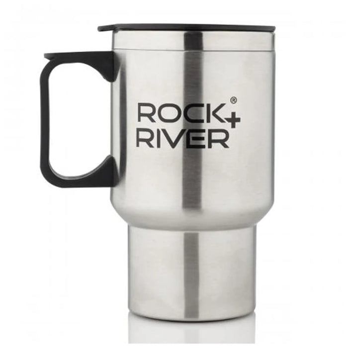 A stainless steel travel mug with a black handle features the text ROCK+RIVER prominently displayed on the side and includes a black lid on top for covering beverages.