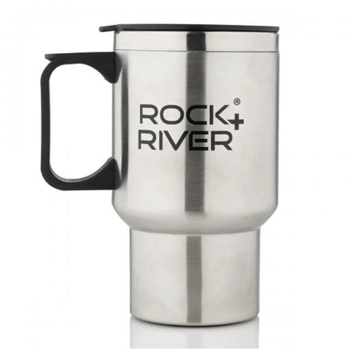 A stainless steel travel mug with a black handle features the text ROCK+RIVER prominently displayed on the side and includes a black lid on top for covering beverages.