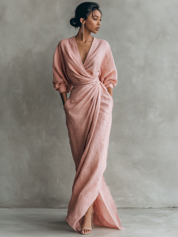 Pink Minimalist Maxi Dress with V-Neck for Women 4