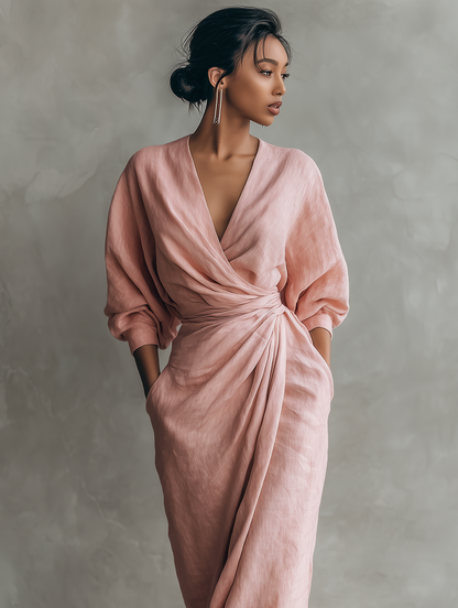Pink Minimalist Maxi Dress with V-Neck for Women 5
