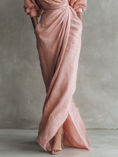 Pink Minimalist Maxi Dress with V-Neck for Women 6