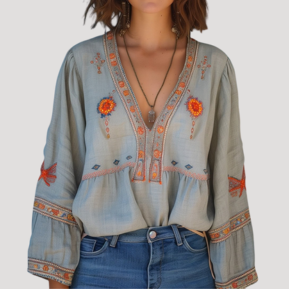Women's Boho Floral Embroidered V-Neck Blouse 0