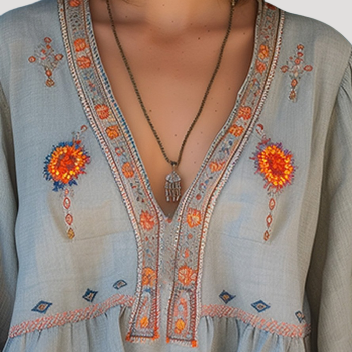 Women's Boho Floral Embroidered V-Neck Blouse 1