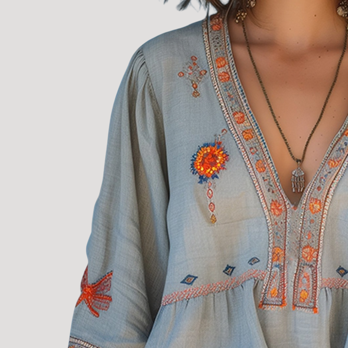 Women's Boho Floral Embroidered V-Neck Blouse 2