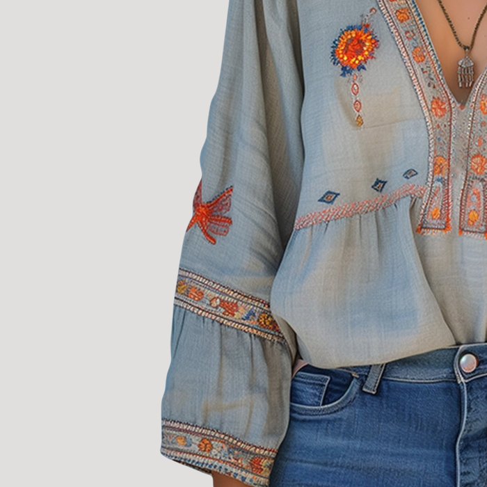 Women's Boho Floral Embroidered V-Neck Blouse 3
