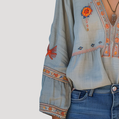 Women's Boho Floral Embroidered V-Neck Blouse 3