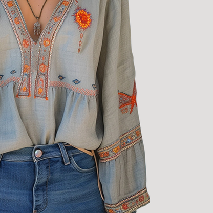 Women's Boho Floral Embroidered V-Neck Blouse 4