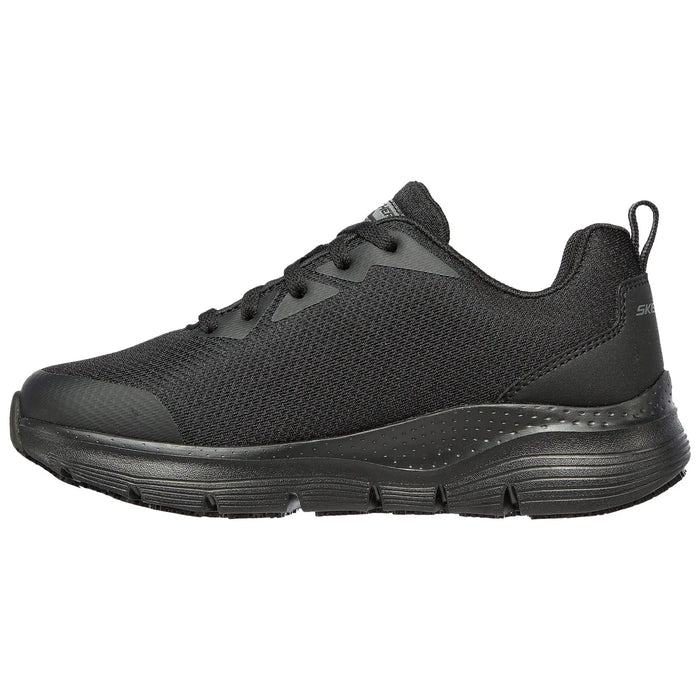 A black athletic shoe features a mesh upper and padded collar with a flexible sole designed for comfort during physical activity in casual or workout settings.