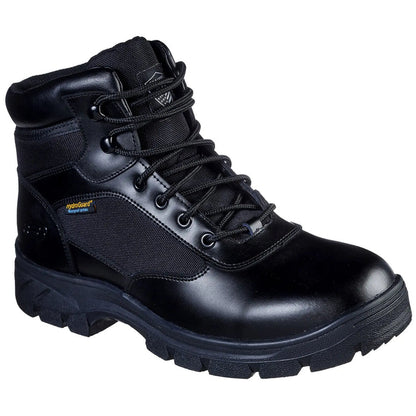 A sturdy black work boot features a waterproof design with a rugged sole and reinforced toe area providing durability and support for various outdoor tasks in a professional environment.