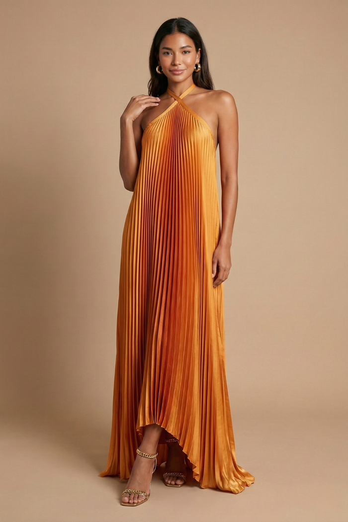 Women’s Open Back Halter Pleated Maxi Dress with Tie Closure 0