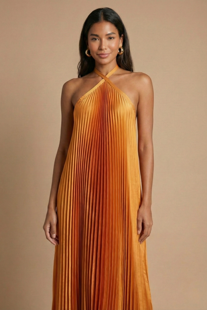 Women’s Open Back Halter Pleated Maxi Dress with Tie Closure 2