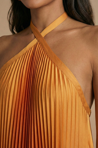 Women’s Open Back Halter Pleated Maxi Dress with Tie Closure 3