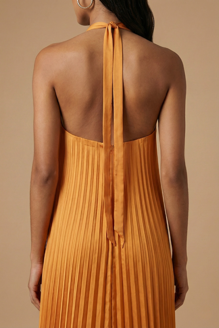 Women’s Open Back Halter Pleated Maxi Dress with Tie Closure 4