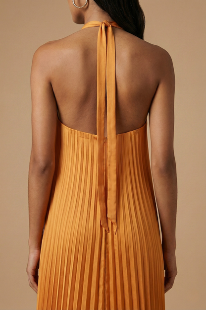 Women’s Open Back Halter Pleated Maxi Dress with Tie Closure 4