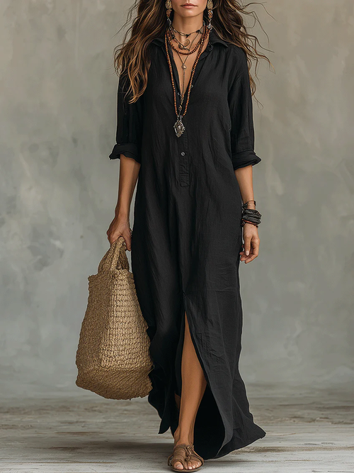 Soline™ | Loose Black Maxi Dress with Buttons 0