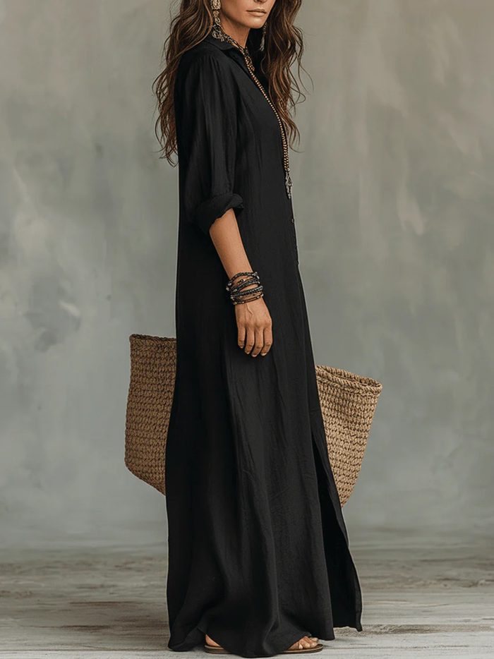 Soline™ | Loose Black Maxi Dress with Buttons 1