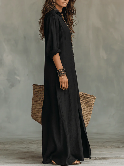 Soline™ | Loose Black Maxi Dress with Buttons 1