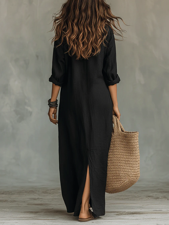 Soline™ | Loose Black Maxi Dress with Buttons 2