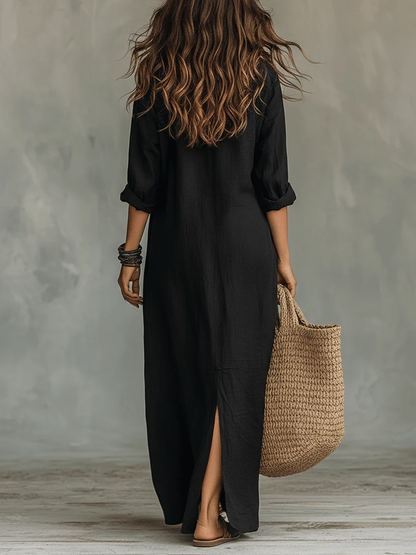 Soline™ | Loose Black Maxi Dress with Buttons 2