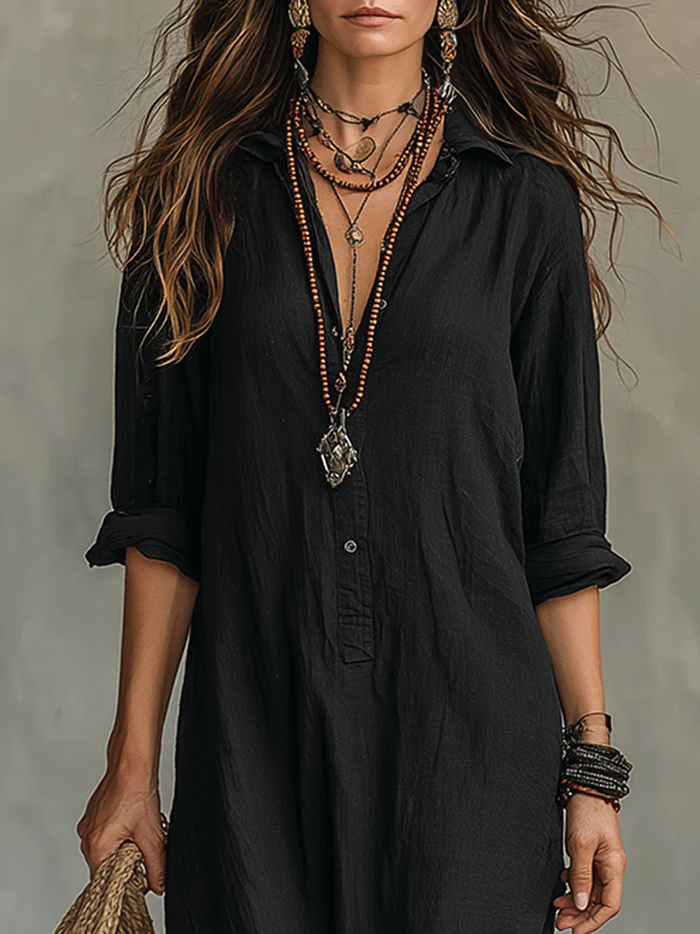 Soline™ | Loose Black Maxi Dress with Buttons 3