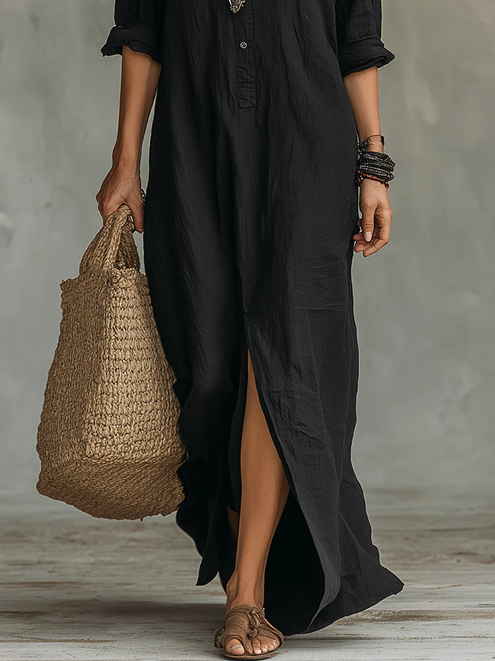 Soline™ | Loose Black Maxi Dress with Buttons 4