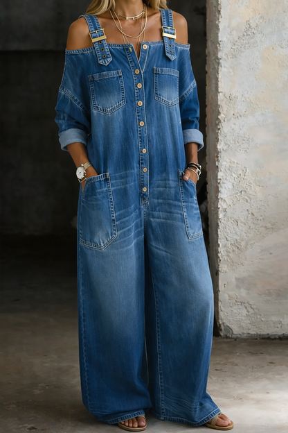 Sophia | Off Shoulder Denim Jumpsuit 0