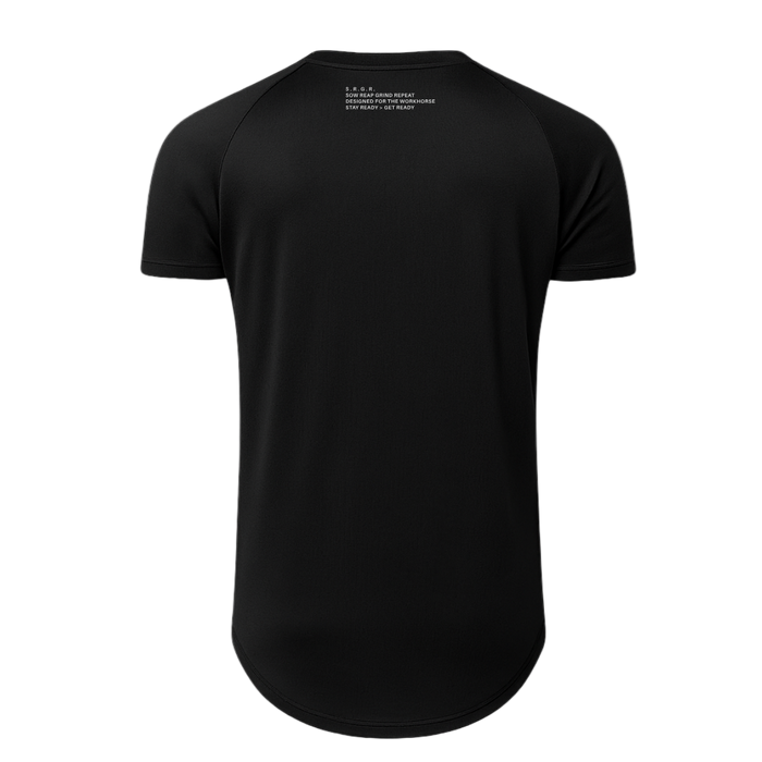Black t-shirt with text on the back against a white background