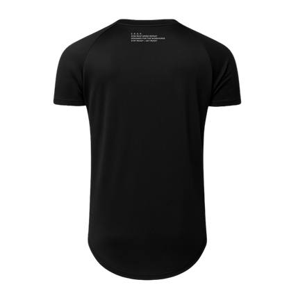 Black t-shirt with text on the back against a white background