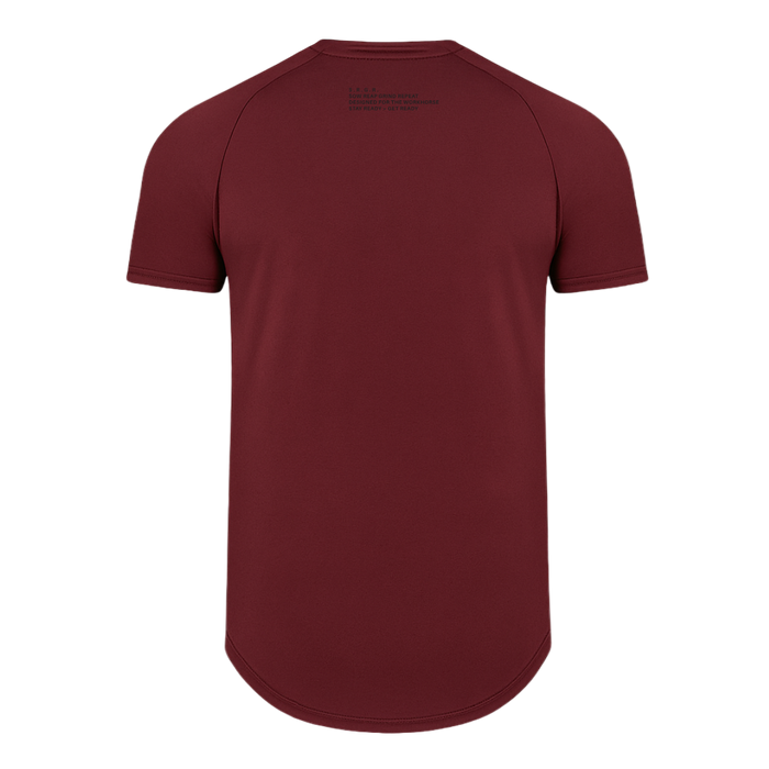 Maroon t-shirt with text on the back against a white background